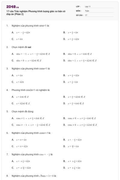 17 câu Trắc nghiệm Phương trình lượng giác cơ bản có đáp án (Phần 2)