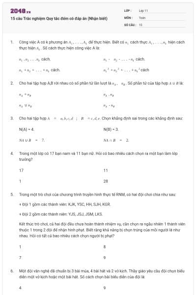 15 câu Trắc nghiệm Quy tắc đếm có đáp án (Nhận biết)