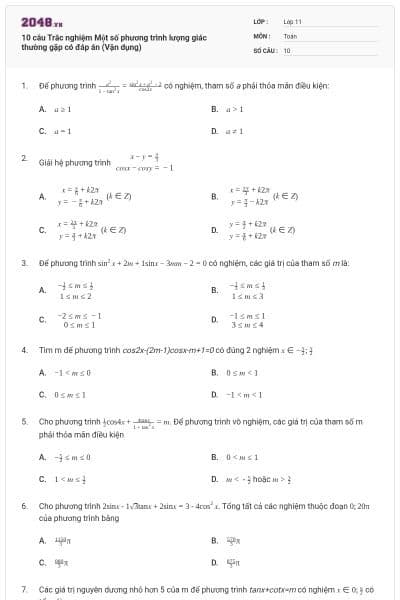 10 câu Trắc nghiệm Một số phương trình lượng giác thường gặp có đáp án (Vận dụng)