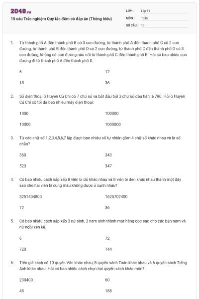 15 câu Trắc nghiệm Quy tắc đếm có đáp án (Thông hiểu)