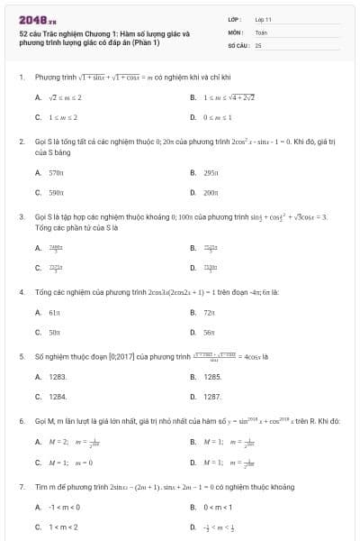 52 câu Trắc nghiệm Chương 1: Hàm số lượng giác và phương trình lượng giác có đáp án (Phần 1)