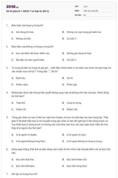 Đề thi giữa kì 1 GDCD 7 có đáp án (Đề 2)