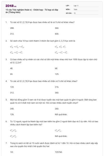 15 câu Trắc nghiệm Hoán vị - Chỉnh hợp - Tổ hợp có đáp án (Thông hiểu)