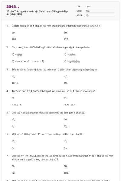 15 câu Trắc nghiệm Hoán vị - Chỉnh hợp - Tổ hợp có đáp án (Nhận biêt)