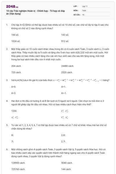 10 câu Trắc nghiệm Hoán vị - Chỉnh hợp - Tổ hợp có đáp án (Vận dụng)