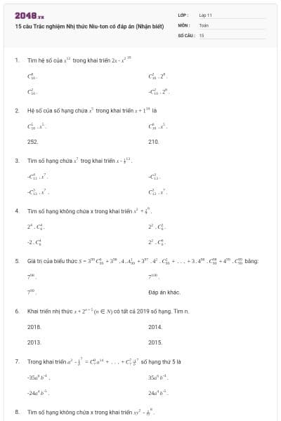 15 câu Trắc nghiệm Nhị thức Niu-tơn có đáp án (Nhận biết)