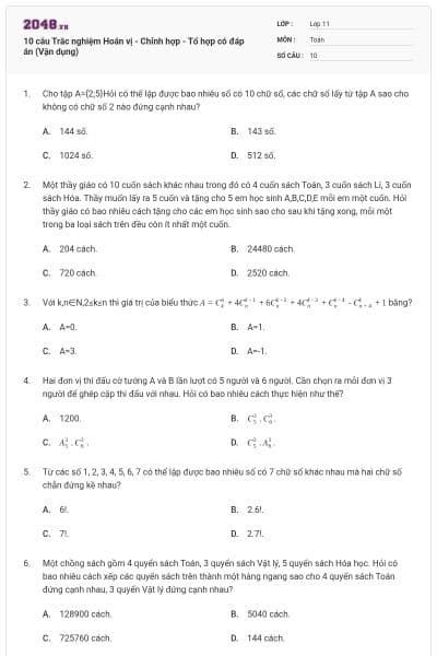 10 câu Trắc nghiệm Hoán vị - Chỉnh hợp - Tổ hợp có đáp án (Vận dụng)