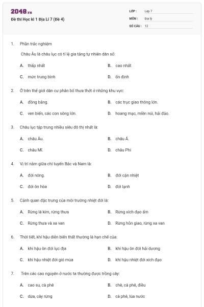 Đề thi Học kì 1 Địa Lí 7 (Đề 4)