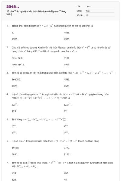 15 câu Trắc nghiệm Nhị thức Niu-tơn có đáp án (Thông hiểu)