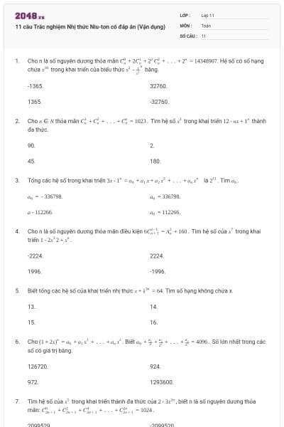 11 câu Trắc nghiệm Nhị thức Niu-tơn có đáp án (Vận dụng)