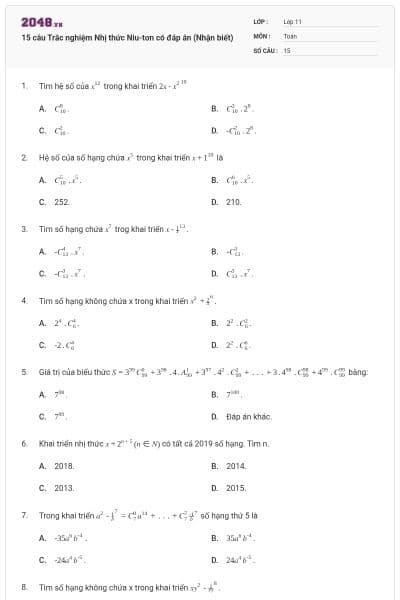 15 câu Trắc nghiệm Nhị thức Niu-tơn có đáp án (Nhận biết)