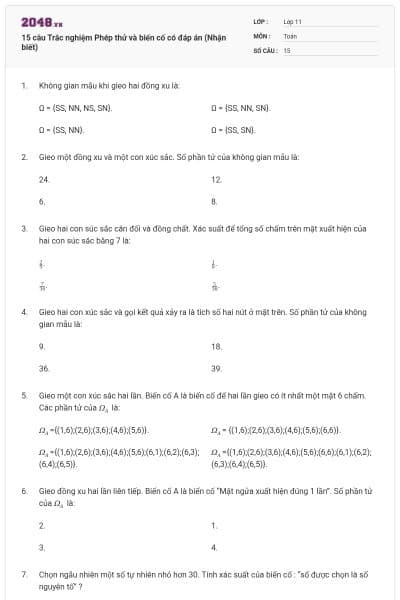 15 câu  Trắc nghiệm Phép thử và biến cố có đáp án (Nhận biết)