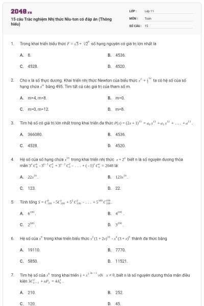 15 câu Trắc nghiệm Nhị thức Niu-tơn có đáp án (Thông hiểu)