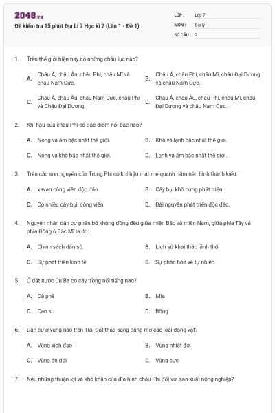 Đề kiểm tra 15 phút Địa Lí 7 Học kì 2 (Lần 1 - Đề 1)