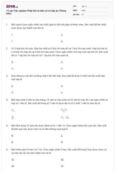 15 câu  Trắc nghiệm Phép thử và biến cố có đáp án (Thông hiểu)