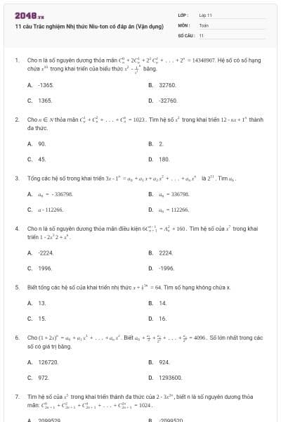 11 câu Trắc nghiệm Nhị thức Niu-tơn có đáp án (Vận dụng)