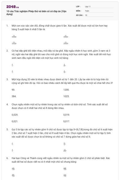 10 câu Trắc nghiệm Phép thử và biến cố có đáp án (Vận dụng)