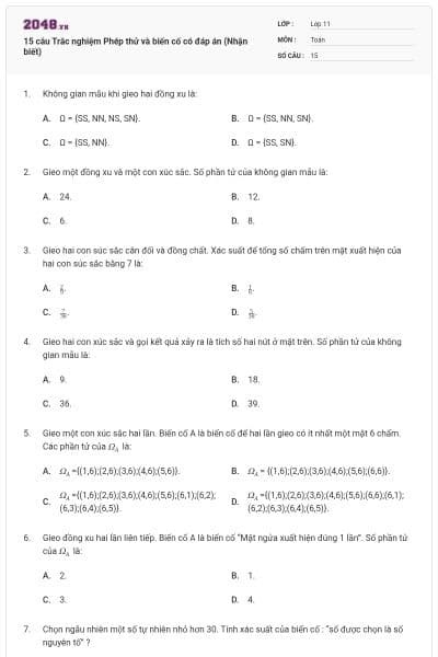 15 câu  Trắc nghiệm Phép thử và biến cố có đáp án (Nhận biết)