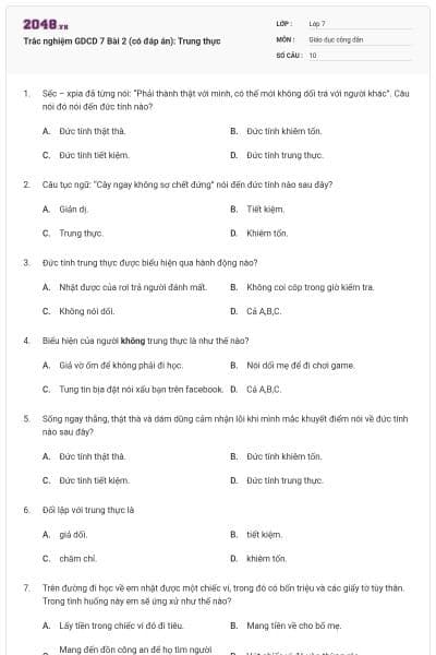 Trắc nghiệm GDCD 7 Bài 2 (có đáp án): Trung thực