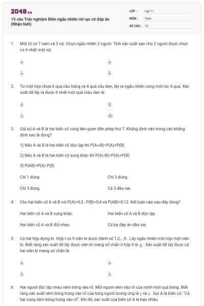 15 câu  Trắc nghiệm Biến ngẫu nhiên rời rạc có đáp án (Nhận biết)