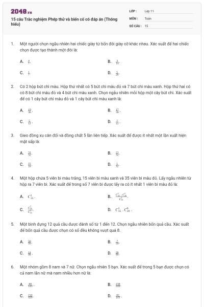 15 câu  Trắc nghiệm Phép thử và biến cố có đáp án (Thông hiểu)