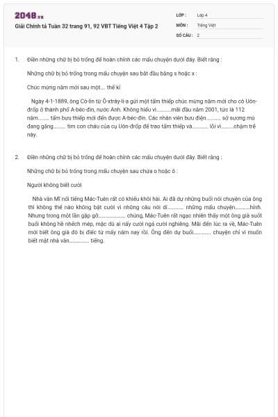 Giải Chính tả Tuần 32 trang 91, 92 VBT Tiếng Việt 4 Tập 2