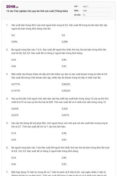 15 câu Trắc nghiệm Các quy tắc tính xác suất (Thông hiểu)