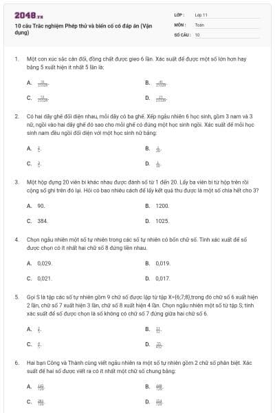 10 câu Trắc nghiệm Phép thử và biến cố có đáp án (Vận dụng)