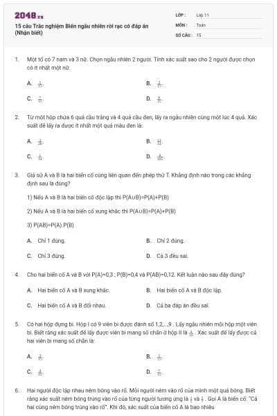 15 câu  Trắc nghiệm Biến ngẫu nhiên rời rạc có đáp án (Nhận biết)