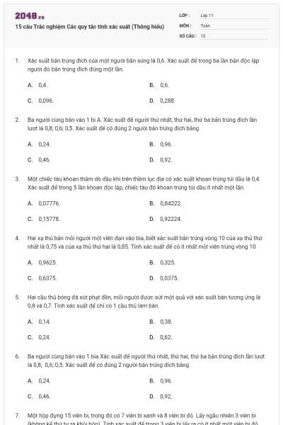 15 câu Trắc nghiệm Các quy tắc tính xác suất (Thông hiểu)