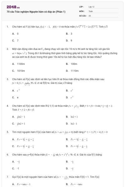 70 câu Trắc nghiệm Nguyên hàm có đáp án (Phần 1)