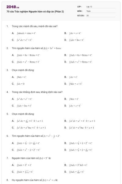 70 câu Trắc nghiệm Nguyên hàm có đáp án (Phần 2)