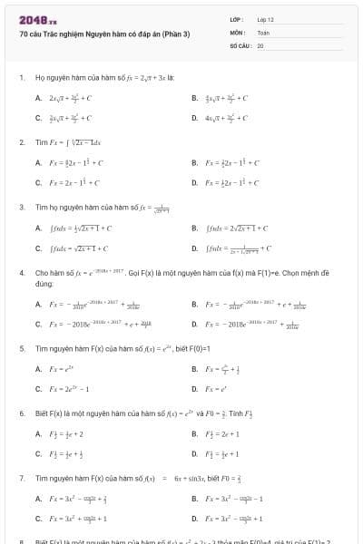 70 câu Trắc nghiệm Nguyên hàm có đáp án (Phần 3)