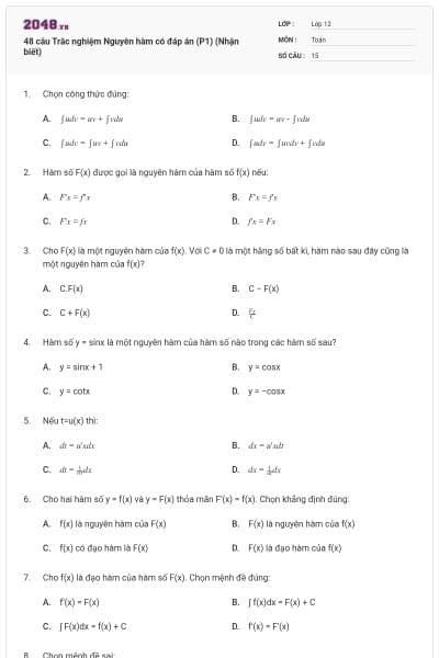 48 câu Trắc nghiệm Nguyên hàm có đáp án (P1) (Nhận biết)