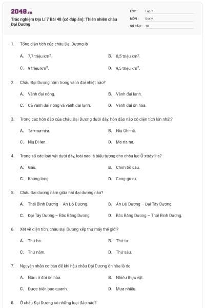 Trắc nghiệm Địa Lí 7 Bài 48 (có đáp án): Thiên nhiên châu Đại Dương