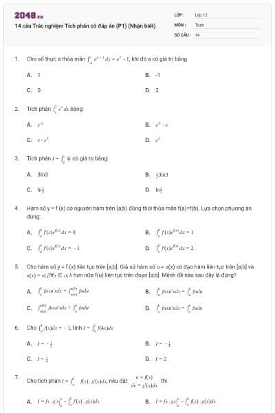 14 câu Trắc nghiệm Tích phân có đáp án (P1) (Nhận biết)
