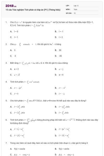 15 câu Trắc nghiệm Tích phân có đáp án (P1) (Thông hiểu)