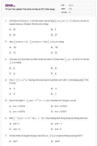 15 câu Trắc nghiệm Tích phân có đáp án (P1) (Vận dụng)