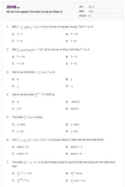 80 câu Trắc nghiệm Tích phân có đáp án (Phần 2)