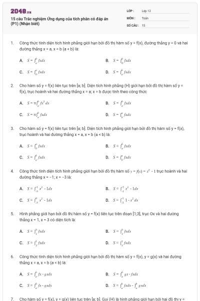 15 câu Trắc nghiệm Ứng dụng của tích phân có đáp án (P1) (Nhận biết)