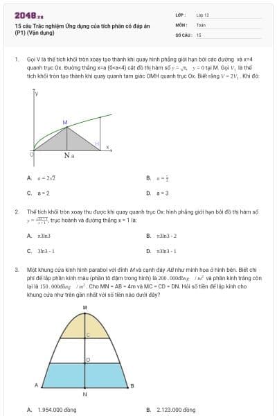 15 câu Trắc nghiệm Ứng dụng của tích phân có đáp án (P1) (Vận dụng)