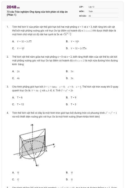 73 câu Trắc nghiệm Ứng dụng của tích phân có đáp án (Phần 1)
