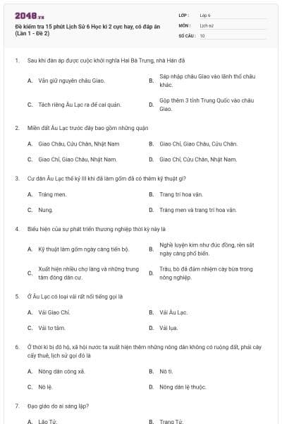 Đề kiểm tra 15 phút Lịch Sử 6 Học kì 2 cực hay, có đáp án (Lần 1 - Đề 2)