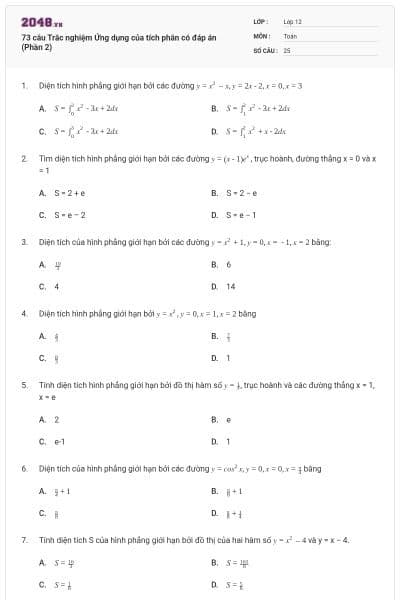 73 câu Trắc nghiệm Ứng dụng của tích phân có đáp án (Phần 2)