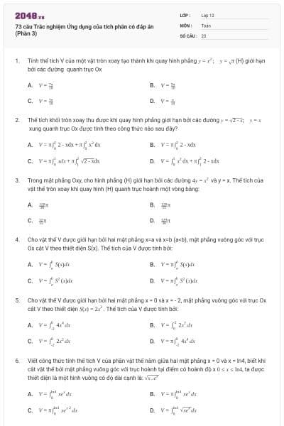 73 câu Trắc nghiệm Ứng dụng của tích phân có đáp án (Phần 3)
