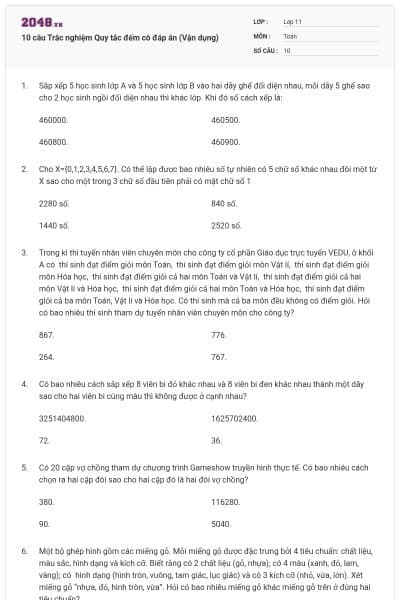 10 câu Trắc nghiệm Quy tắc đếm có đáp án (Vận dụng)