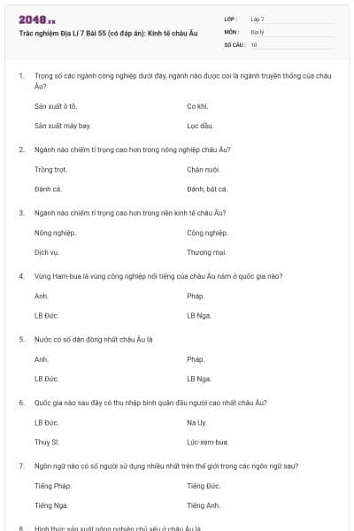 Trắc nghiệm Địa Lí 7 Bài 55 (có đáp án): Kinh tế châu Âu