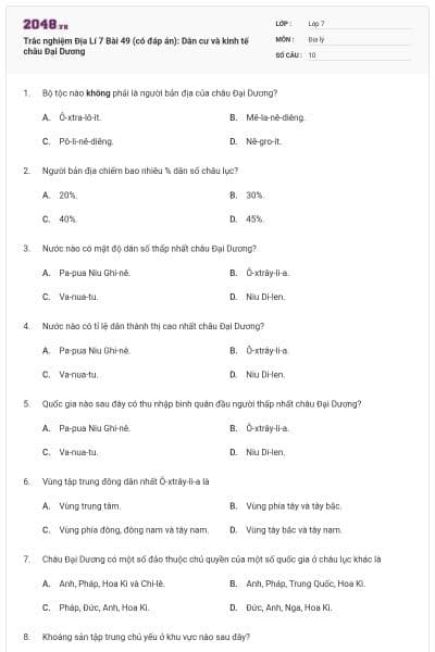 Trắc nghiệm Địa Lí 7 Bài 49 (có đáp án): Dân cư và kinh tế châu Đại Dương