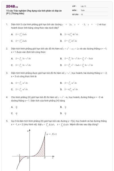 15 câu Trắc nghiệm Ứng dụng của tích phân có đáp án (P1) (Thông hiểu)