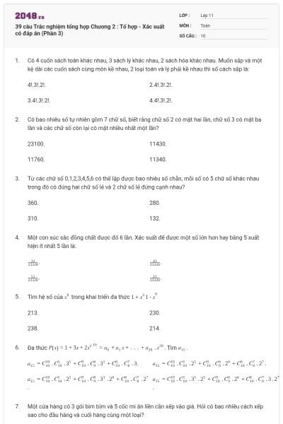 39 câu Trắc nghiệm tổng hợp Chương 2 : Tổ hợp - Xác suất có đáp án (Phần 3)